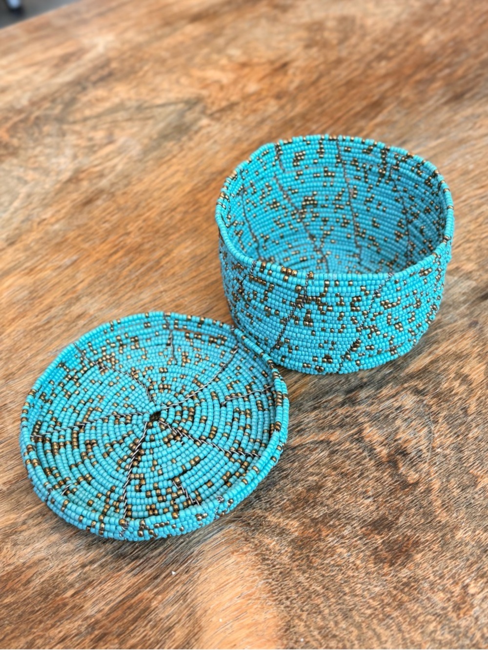 turquoise gold beaded small basket trinkets jewelry storage like new